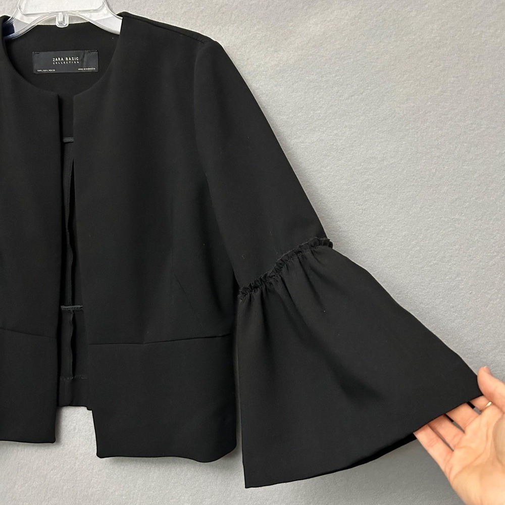 ZARA BASIC Black Bell Sleeve Cropped Blazer Jacket Open Front Size L Work Party - Picture 5 of 14